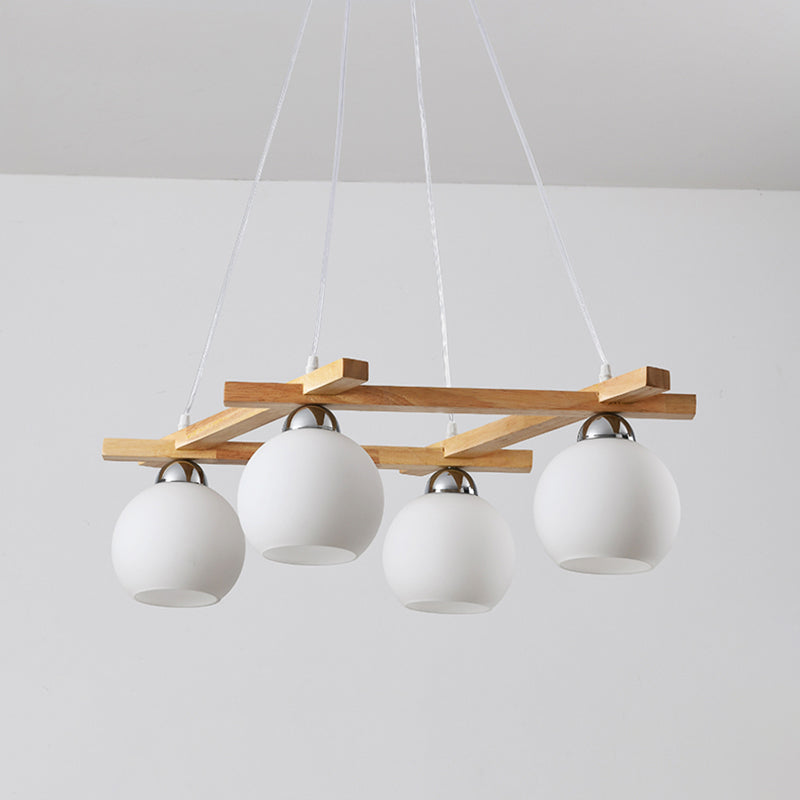 Lustre suspendu en forme de sphère en verre crème à 4 ampoules de style japonais pour salon en bois