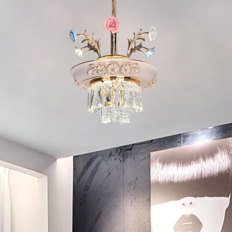 3-Tier Crystal Pendant Chandelier with LED, Radiant White/Blue Light, Metal Flowers, 12"/14" Wide