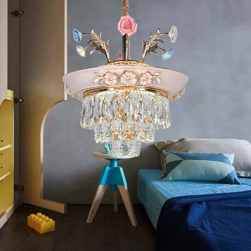 3-Tier Crystal Pendant Chandelier with LED, Radiant White/Blue Light, Metal Flowers, 12"/14" Wide