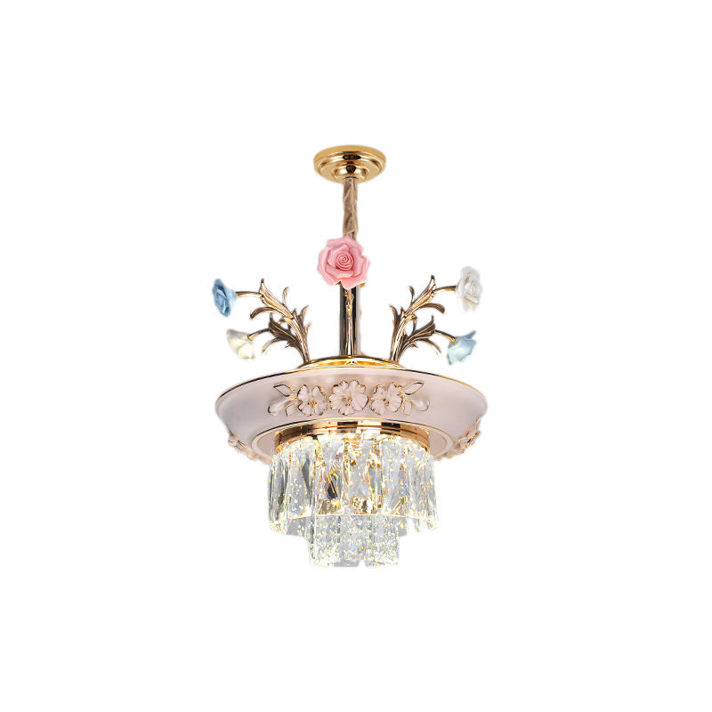 3-Tier Crystal Pendant Chandelier with LED, Radiant White/Blue Light, Metal Flowers, 12"/14" Wide