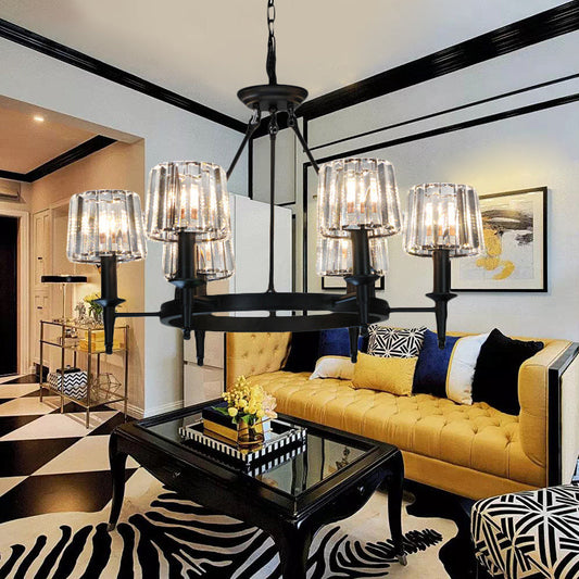 Contemporary Crystal Circle Chandelier Lamp with 6/8 Bulbs - Black Hanging Pendant Light for Living Room