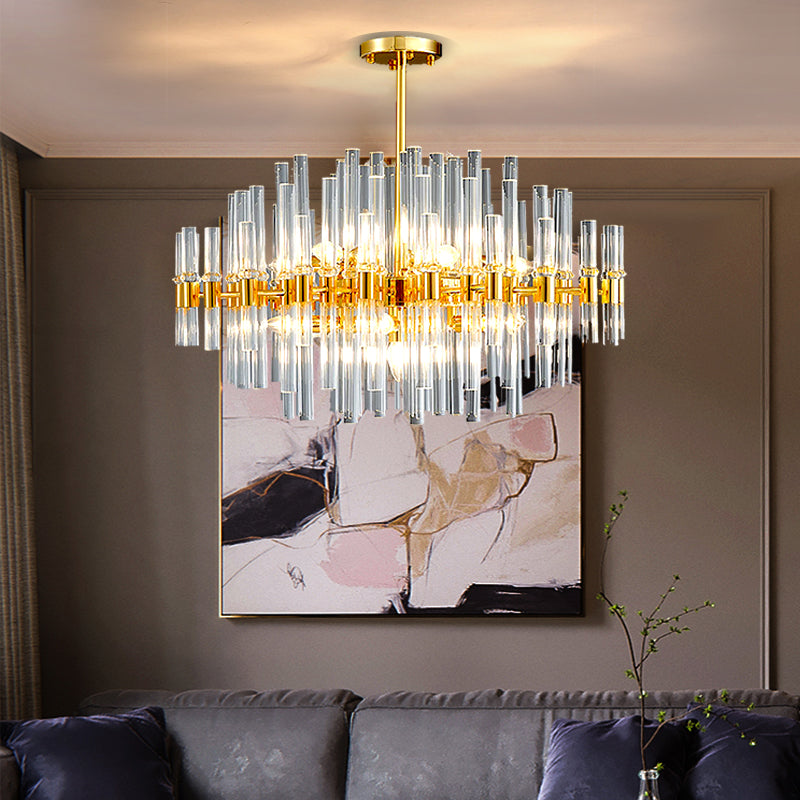 Modern Crystal Tube 5-Light Gold Oval Chandelier for Living Room