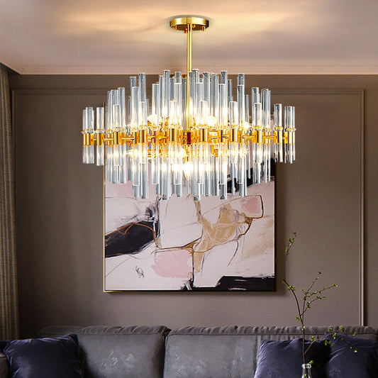 Modern Crystal Tube 5-Light Gold Oval Chandelier for Living Room
