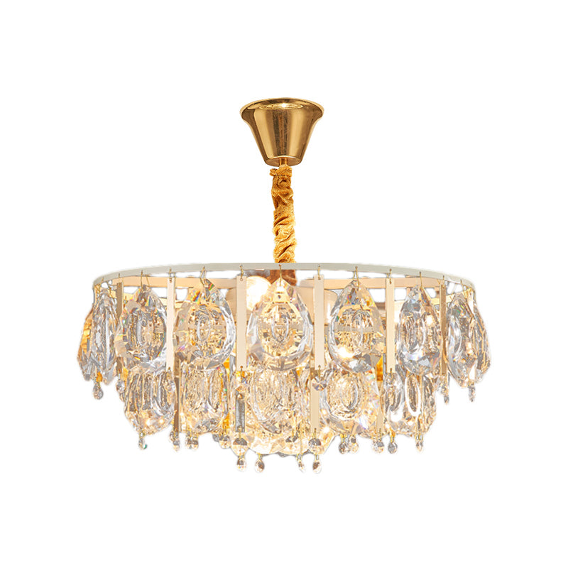 Contemporary Round Teardrop Crystal Hanging Light Kit: 3/4 Lights Gold Chandelier, 16"/19.5" Wide