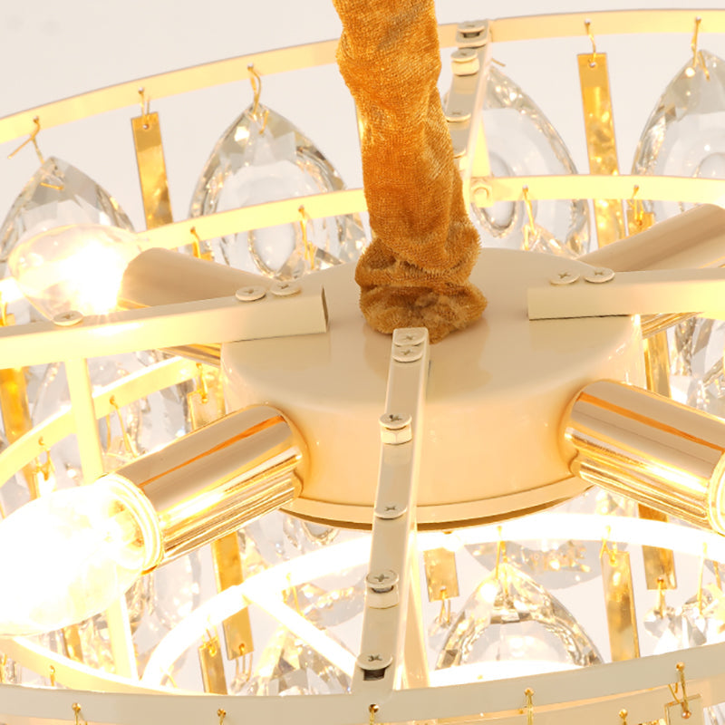 Contemporary Round Teardrop Crystal Hanging Light Kit: 3/4 Lights Gold Chandelier, 16"/19.5" Wide