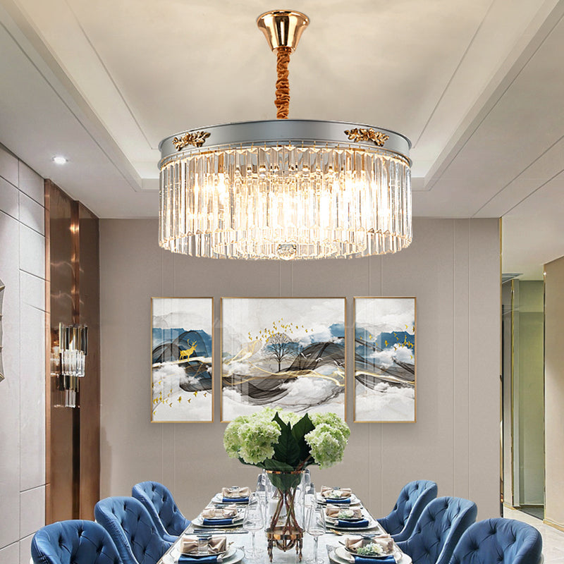 Modern Rectangular Drum Chandelier Light - Crystal, 3/4 Lights, Dining Room Hanging Pendant - 16"/19.5" Wide