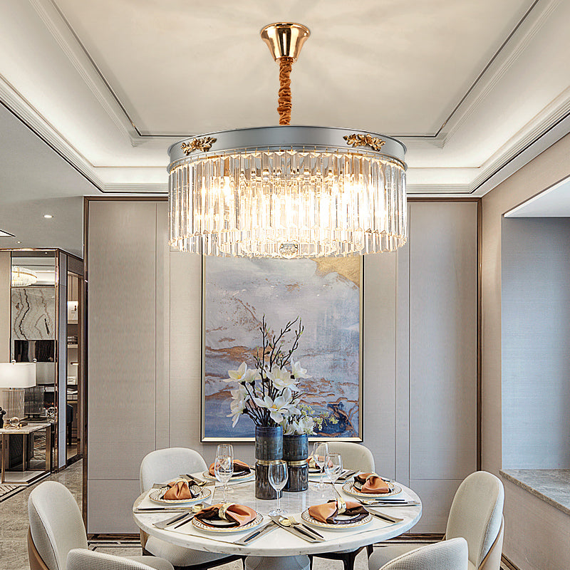 Modern Rectangular Drum Chandelier Light - Crystal, 3/4 Lights, Dining Room Hanging Pendant - 16"/19.5" Wide