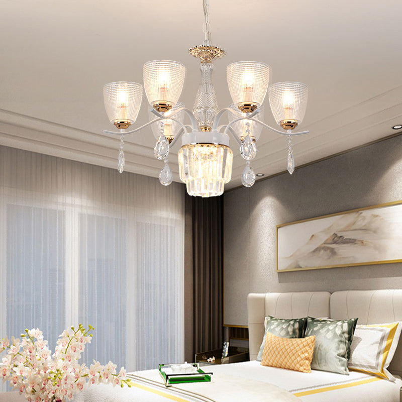Contemporary Glass Cup Hanging Light Kit - 3/6/8 Lights Prism Chandelier with Cone Crystal Shade (White)