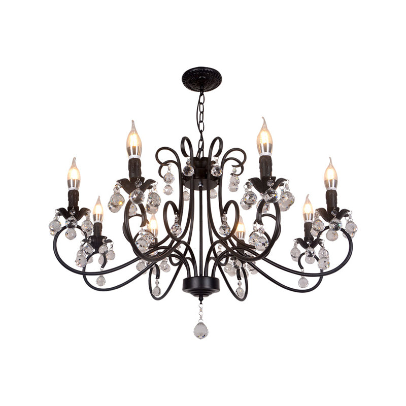 Vintage Bent Arm Frame Ceiling Light - 6/8 Black Lights with Crystal Drop for Living Room