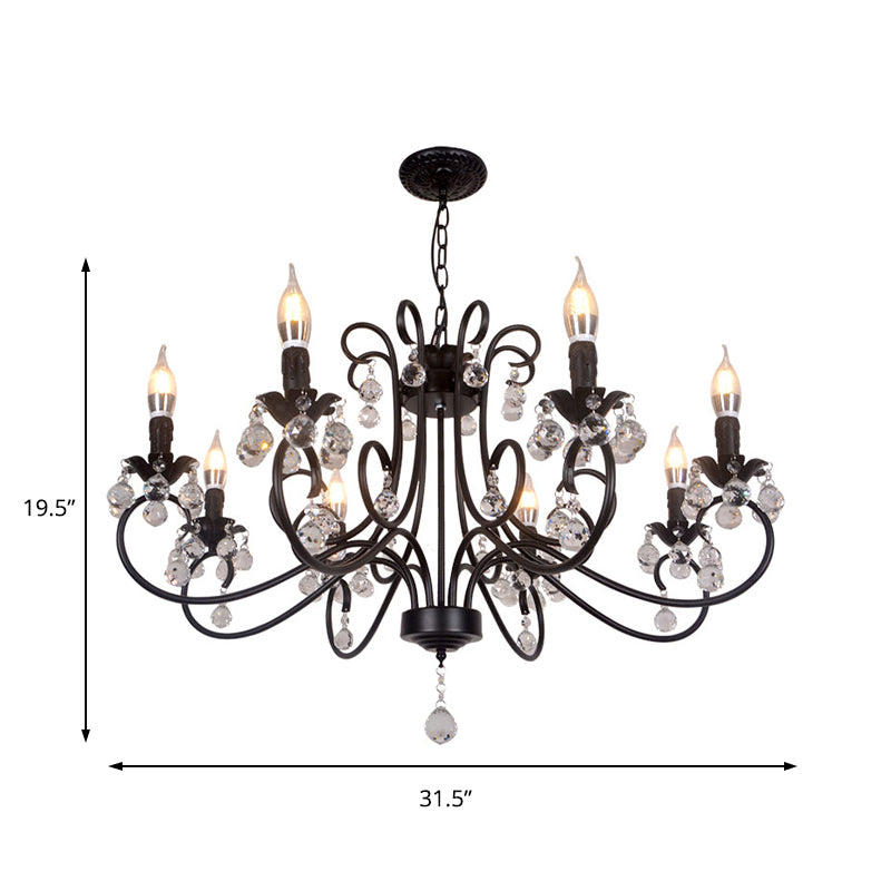 Vintage Bent Arm Frame Ceiling Light - 6/8 Black Lights with Crystal Drop for Living Room