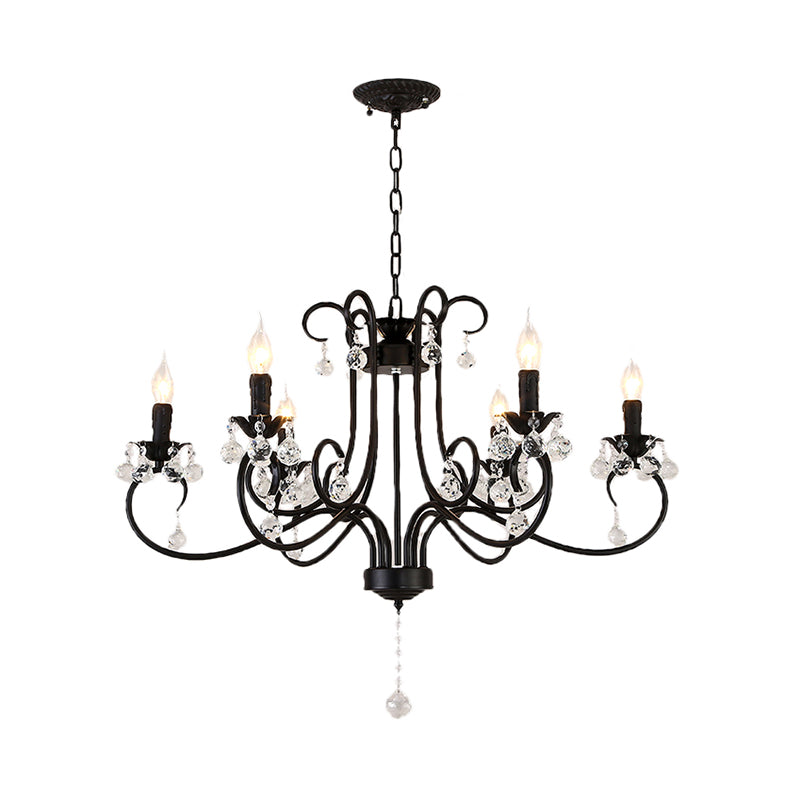 Vintage Bent Arm Frame Ceiling Light - 6/8 Black Lights with Crystal Drop for Living Room