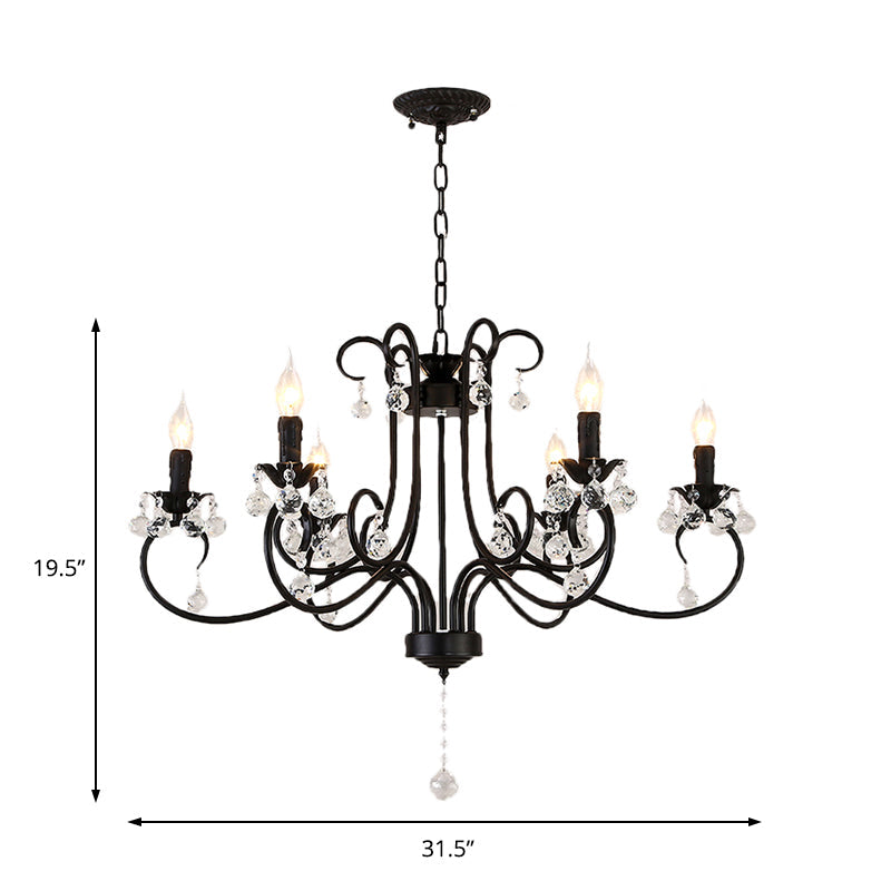 Vintage Bent Arm Frame Ceiling Light - 6/8 Black Lights with Crystal Drop for Living Room