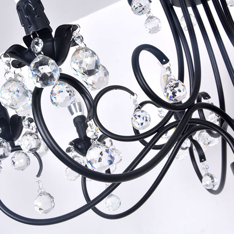 Vintage Bent Arm Frame Ceiling Light - 6/8 Black Lights with Crystal Drop for Living Room