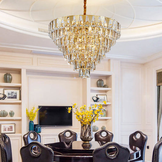 Contemporary Crystal Chandelier Light Fixture - 7 Tiers, 10 Lights, Gold Pendant