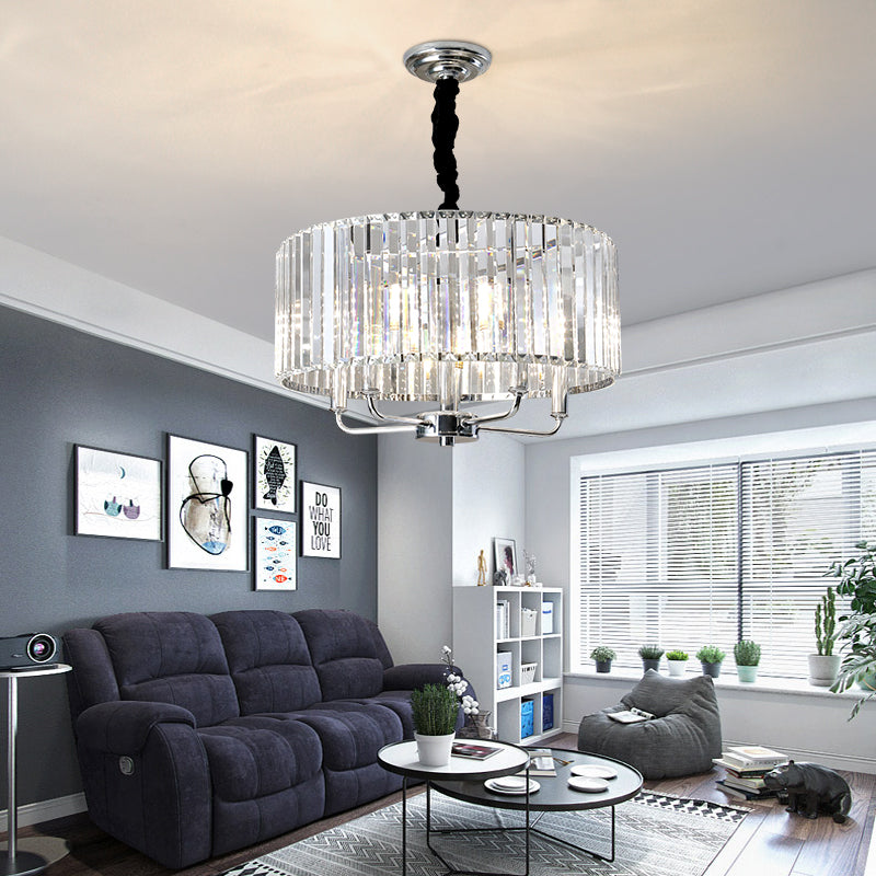 Modern Tri-Sided Glass Rod Drum Ceiling Light - 4-Light Chrome, 19.5"/23.5" Wide
