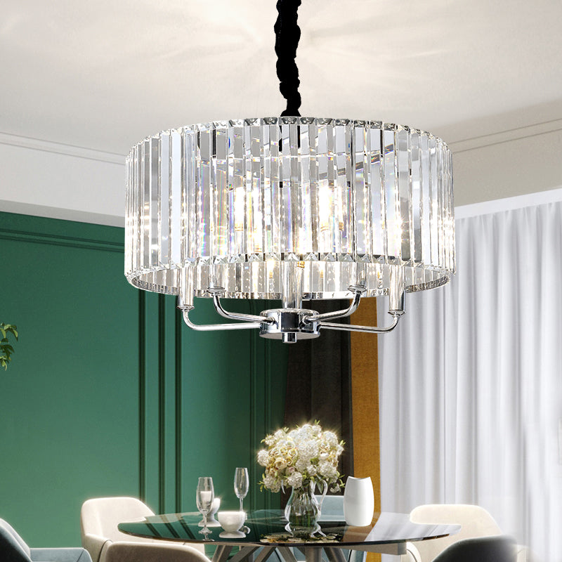 Modern Tri-Sided Glass Rod Drum Ceiling Light - 4-Light Chrome, 19.5"/23.5" Wide
