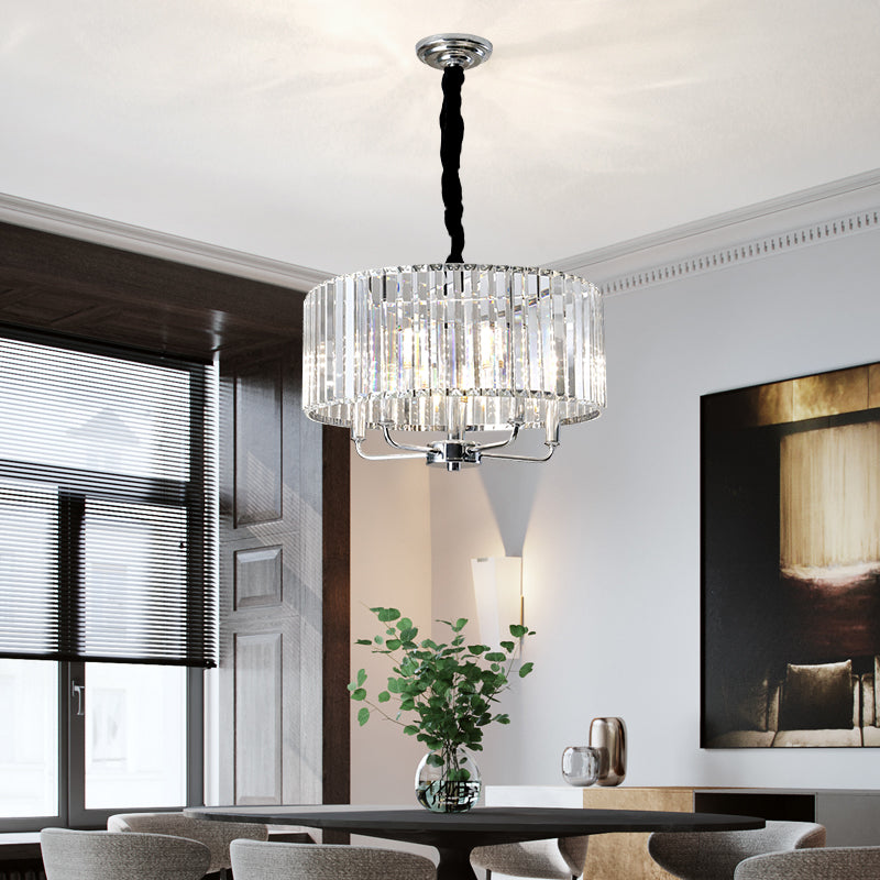 Modern Tri-Sided Glass Rod Drum Ceiling Light - 4-Light Chrome, 19.5"/23.5" Wide