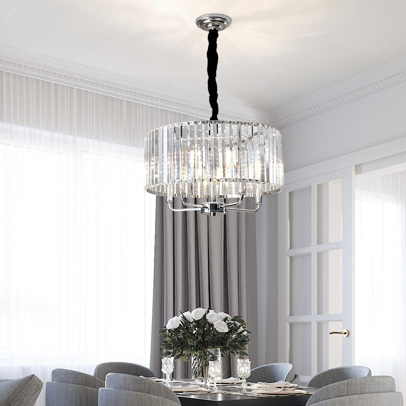Modern Tri-Sided Glass Rod Drum Ceiling Light - 4-Light Chrome, 19.5"/23.5" Wide