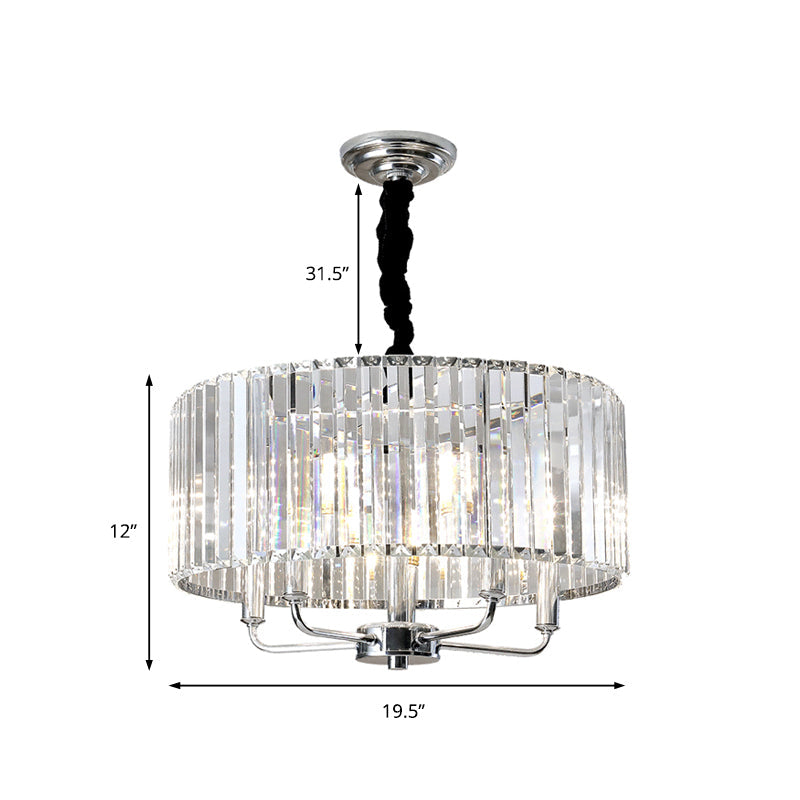 Modern Tri-Sided Glass Rod Drum Ceiling Light - 4-Light Chrome, 19.5"/23.5" Wide