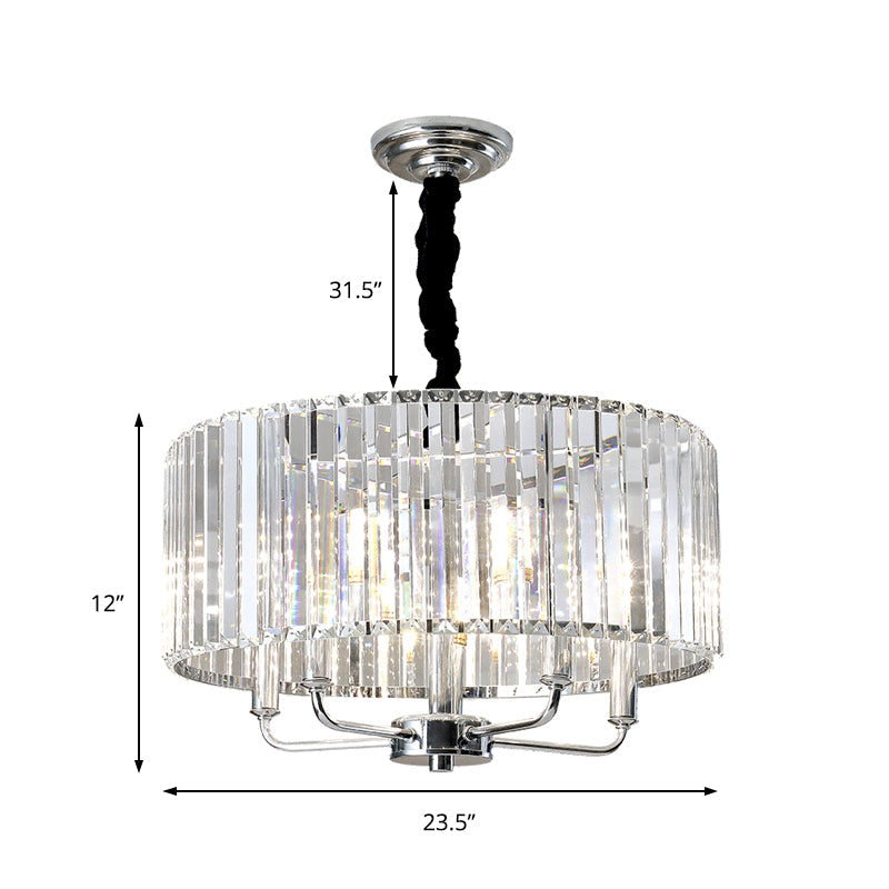 Modern Tri-Sided Glass Rod Drum Ceiling Light - 4-Light Chrome, 19.5"/23.5" Wide