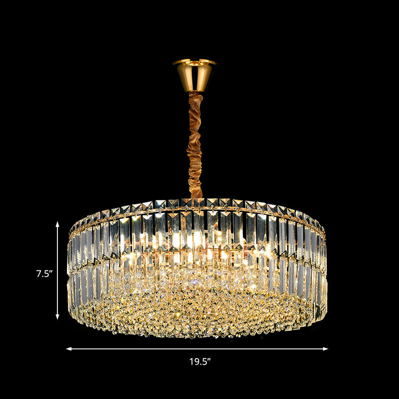 Contemporary Gold Drum Chandelier Light | 6/8 Lights | Rectangular-Cut Crystal | Ceiling Hanging Light, 19.5"/23.5" Wide