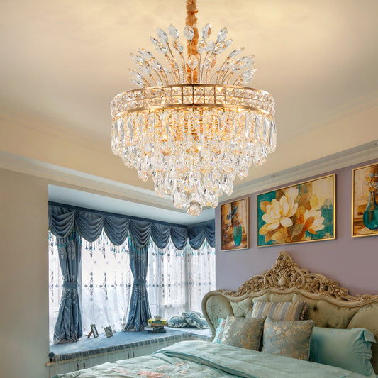 Tapered Chandelier Light with Modern Faceted Crystal, 9 Lights, Gold Finish – Ideal for Bedroom Hanging