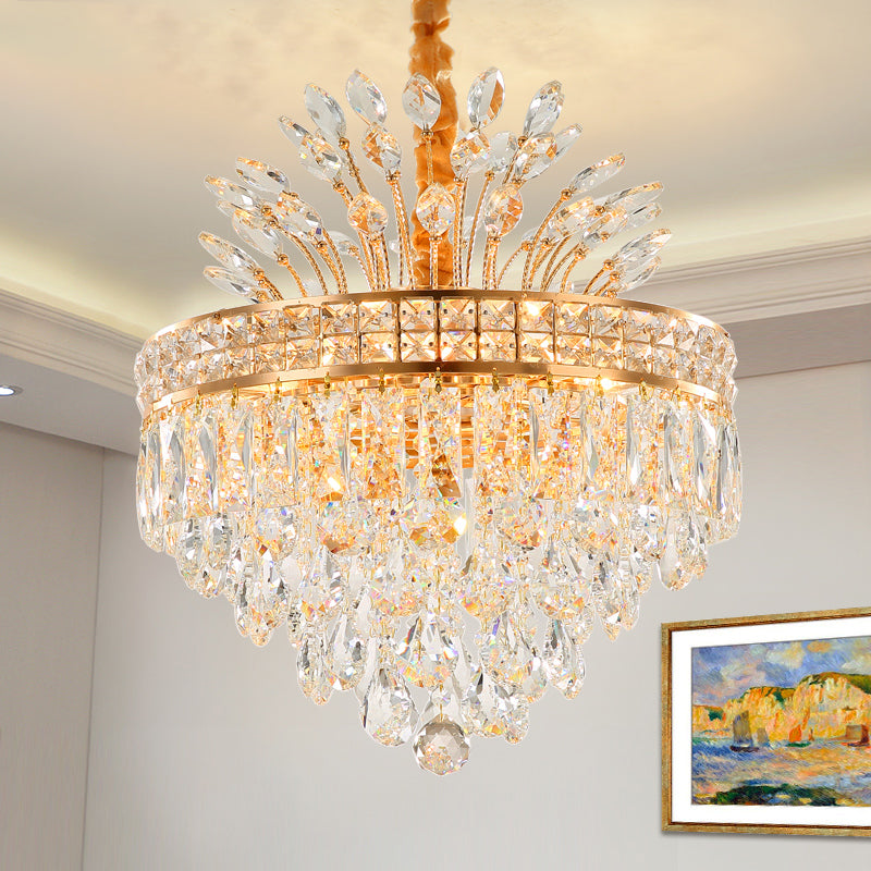 Tapered Chandelier Light with Modern Faceted Crystal, 9 Lights, Gold Finish – Ideal for Bedroom Hanging