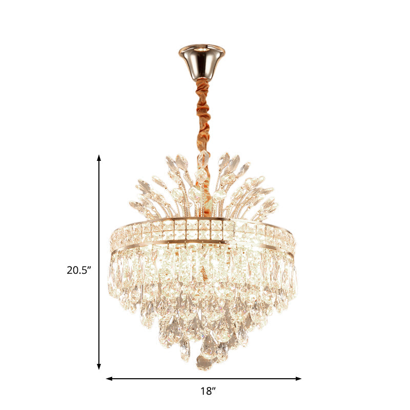 Tapered Chandelier Light with Modern Faceted Crystal, 9 Lights, Gold Finish – Ideal for Bedroom Hanging