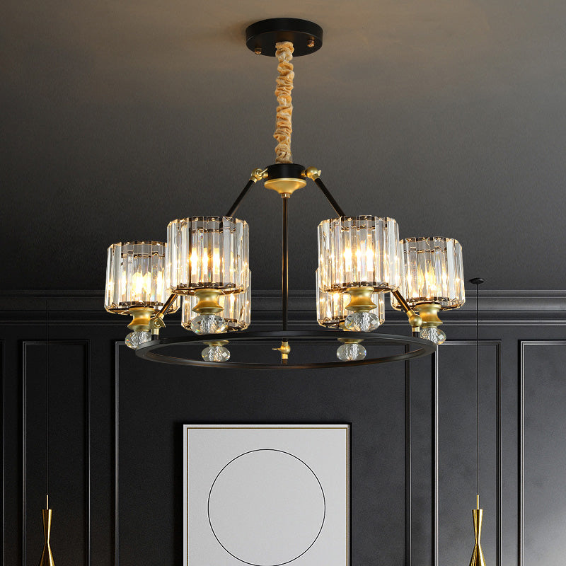 Modern Clear Crystal Cylinder Hanging Light Kit - Black Chandelier with 4/6/8 Lights for Living Room