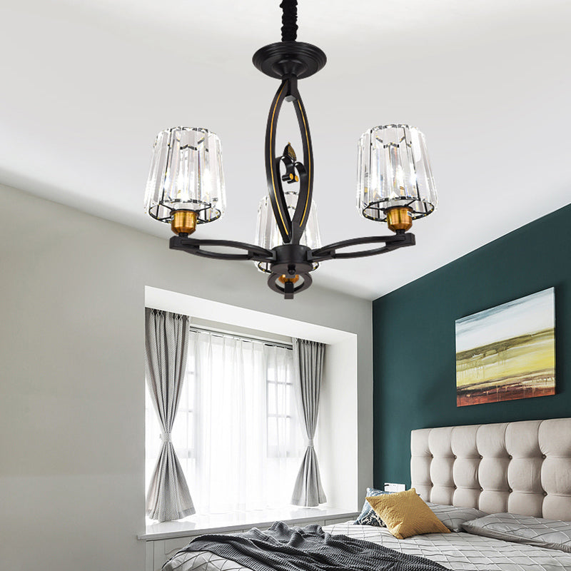 Vintage Crystal Block Ceiling Light - Tapered Design with 3/6 Hanging Lights for Dining Room in Black