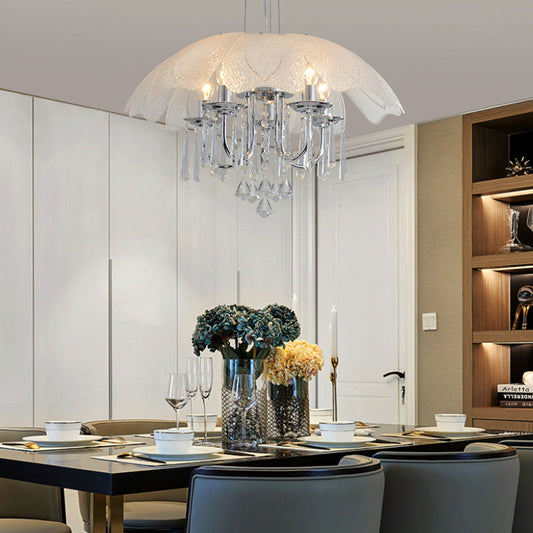 Contemporary Flower Chandelier - Textured Glass Shade, 5-Light Chrome Ceiling Lamp with Crystal Drop