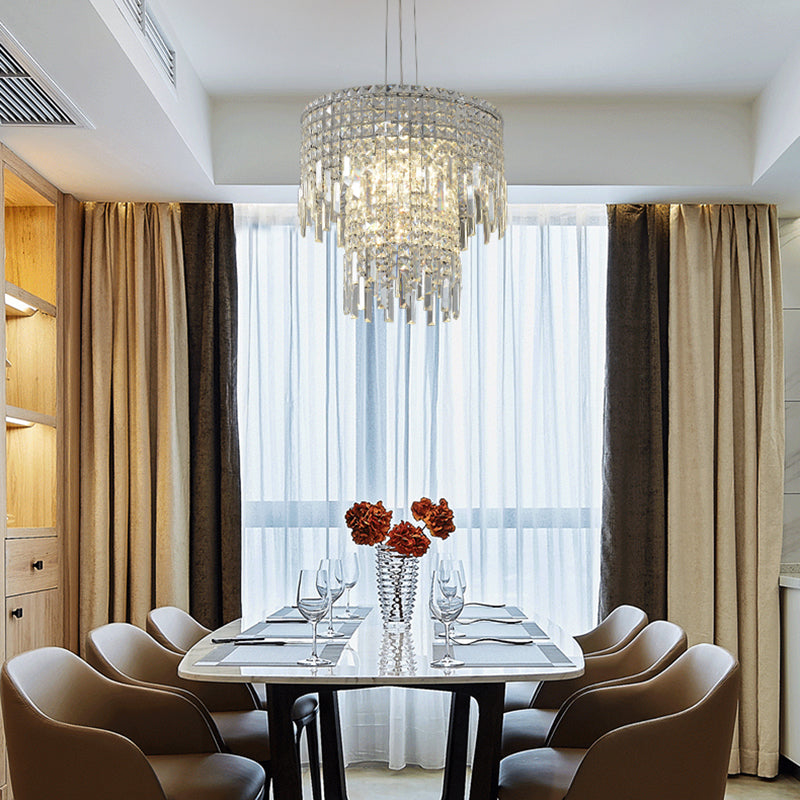 Modern Crystal Tiered Hanging Lamp - Clear Rectangular-Cut, 4 Lights Silver Chandelier