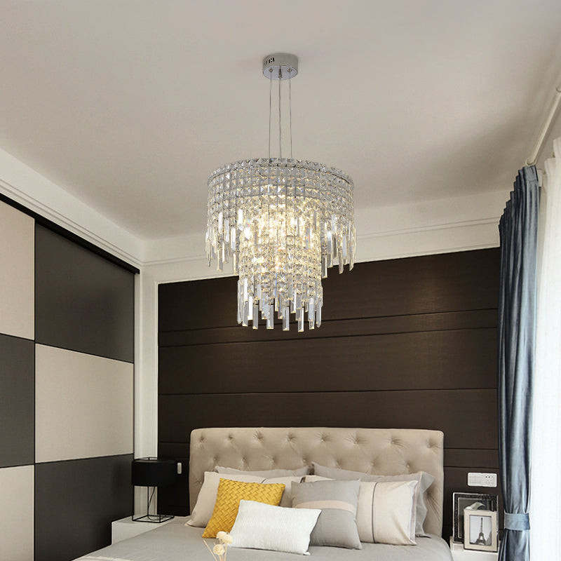 Modern Crystal Tiered Hanging Lamp - Clear Rectangular-Cut, 4 Lights Silver Chandelier