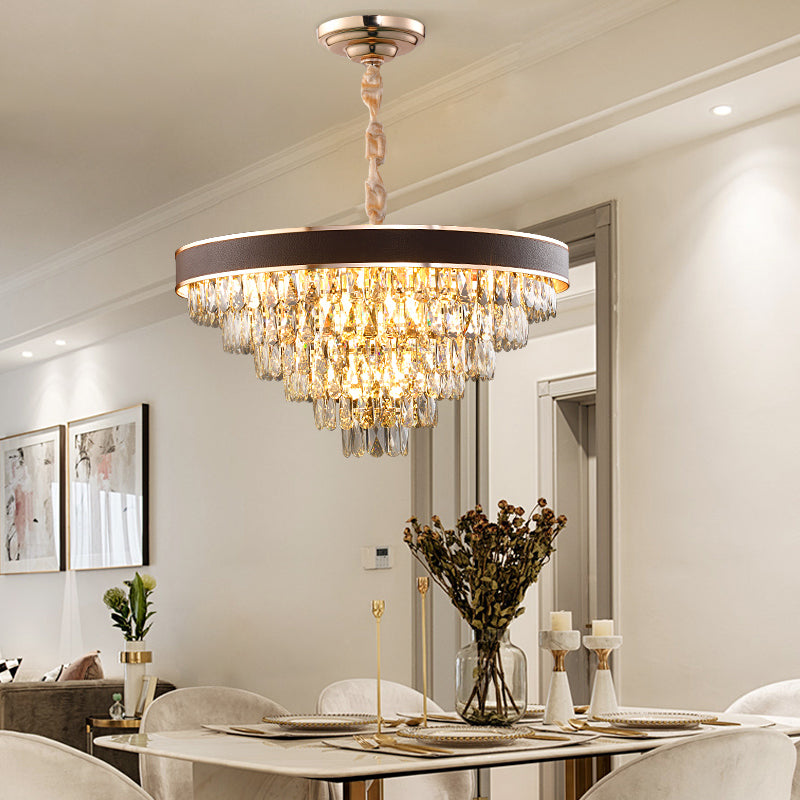 Tiered Crystal Block Chandelier - Black-Gold Pendant Light Fixture with 9/12 Lights, 19.5"/23.5" Wide