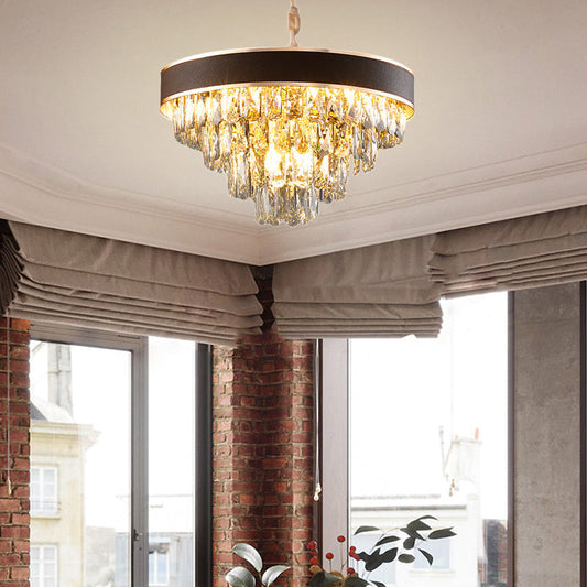 Tiered Crystal Block Chandelier - Black-Gold Pendant Light Fixture with 9/12 Lights, 19.5"/23.5" Wide