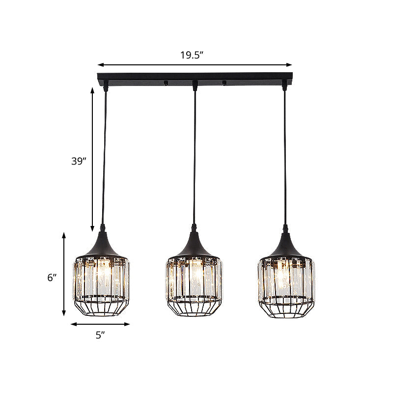 Suspension de salle à manger moderne à 3 lumières avec finition noire nordique, abat-jour en métal et cristal