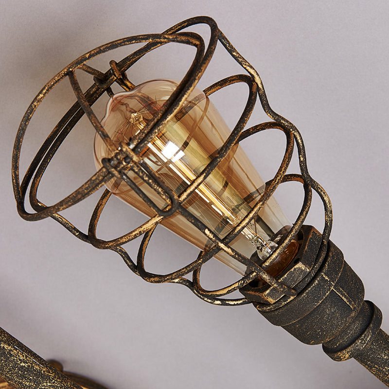 Vintage Bronze Coffee Shop Ceiling Light Fixture Iron Twisted Pipe Semi Flush With Cage