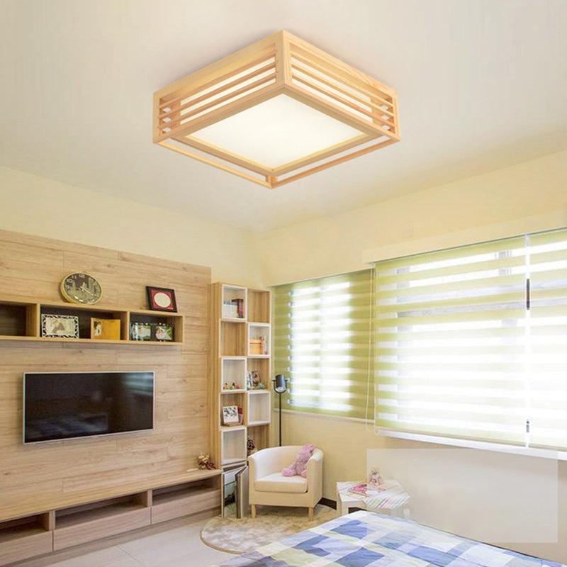 Japanese LED Flush Mount Ceiling Light for Bedroom - Wood Square Flush Mount Fixture