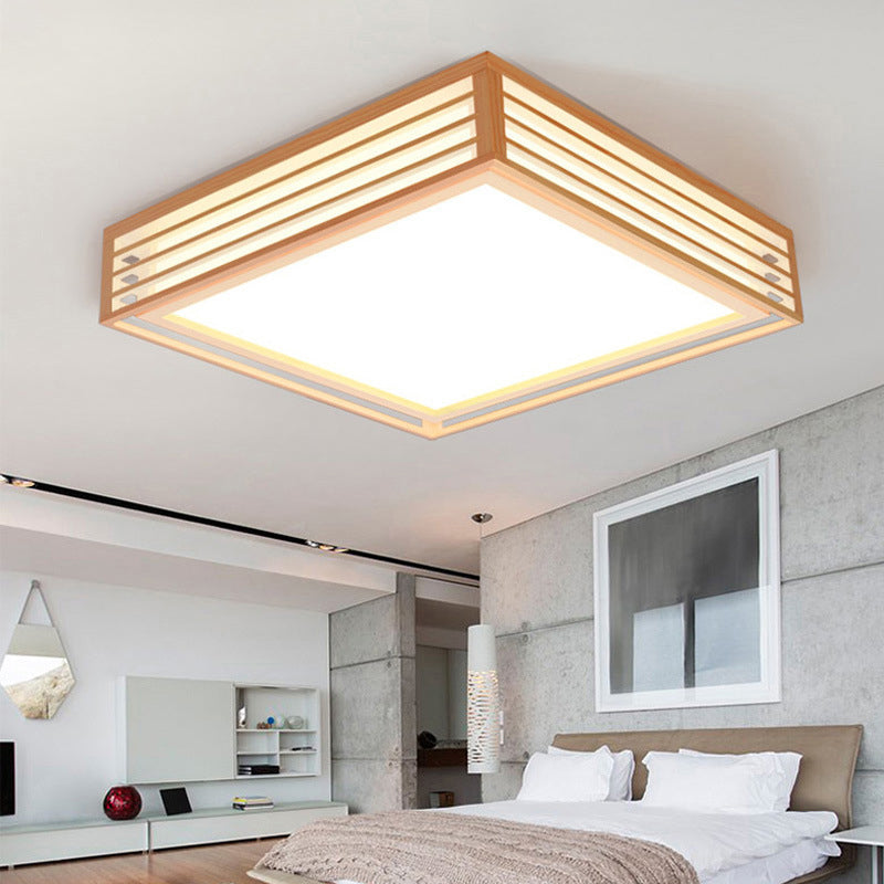Japanese LED Flush Mount Ceiling Light for Bedroom - Wood Square Flush Mount Fixture