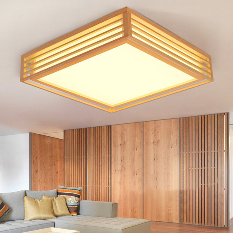 Japanese LED Flush Mount Ceiling Light for Bedroom - Wood Square Flush Mount Fixture