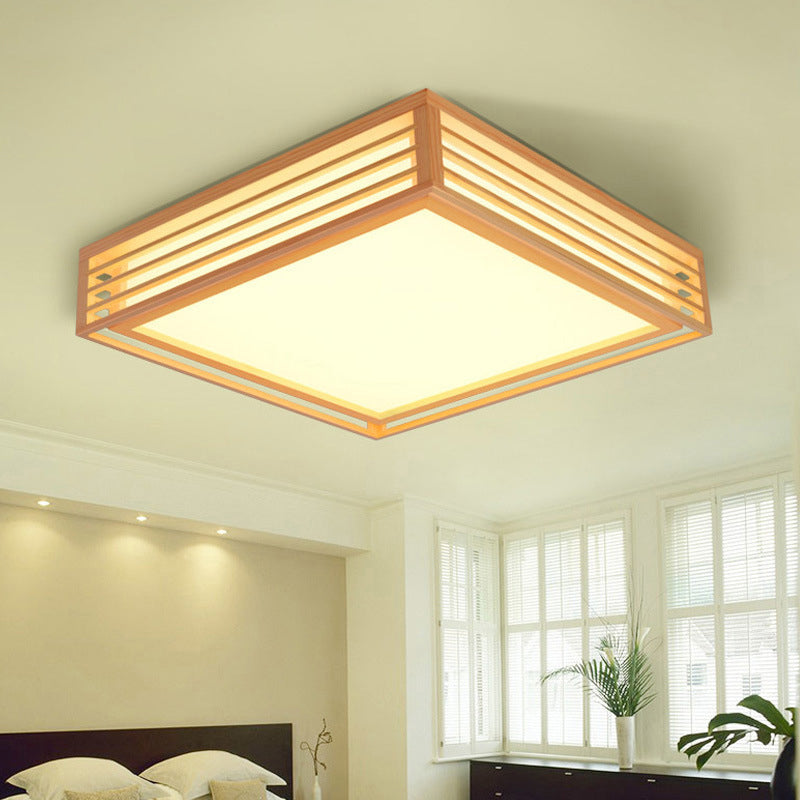 Japanese LED Flush Mount Ceiling Light for Bedroom - Wood Square Flush Mount Fixture