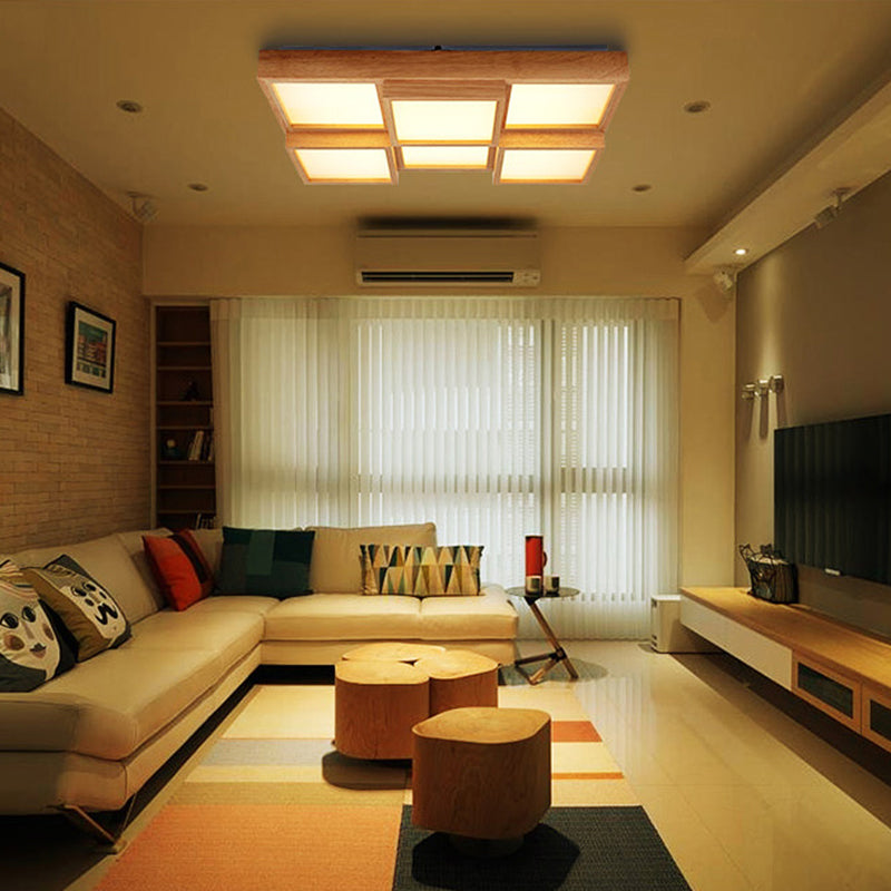 Nordic LED Wood Flush Mount Ceiling Light with Acrylic Splicing Squares