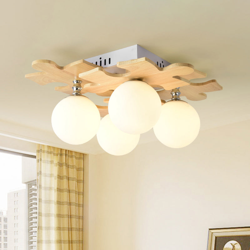 Japanese Style Round Flush Mount Ceiling Light Fixture with White Glass and Wooden Accent - 4 Bulb Bedroom Lighting
