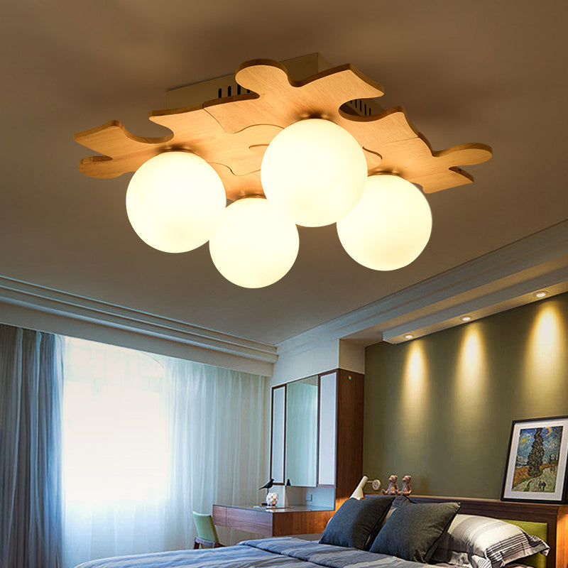 Japanese Style Round Flush Mount Ceiling Light Fixture with White Glass and Wooden Accent - 4 Bulb Bedroom Lighting
