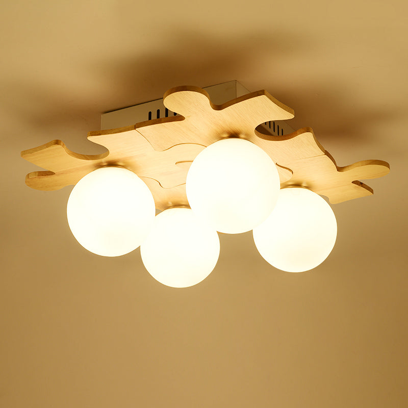 Japanese Style Round Flush Mount Ceiling Light Fixture with White Glass and Wooden Accent - 4 Bulb Bedroom Lighting
