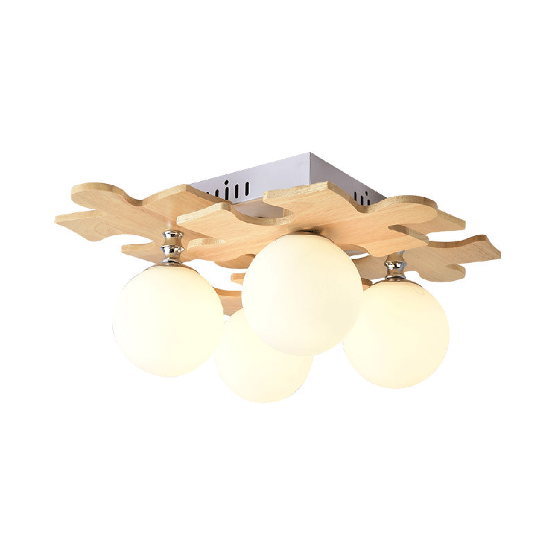 Japanese Style Round Flush Mount Ceiling Light Fixture with White Glass and Wooden Accent - 4 Bulb Bedroom Lighting