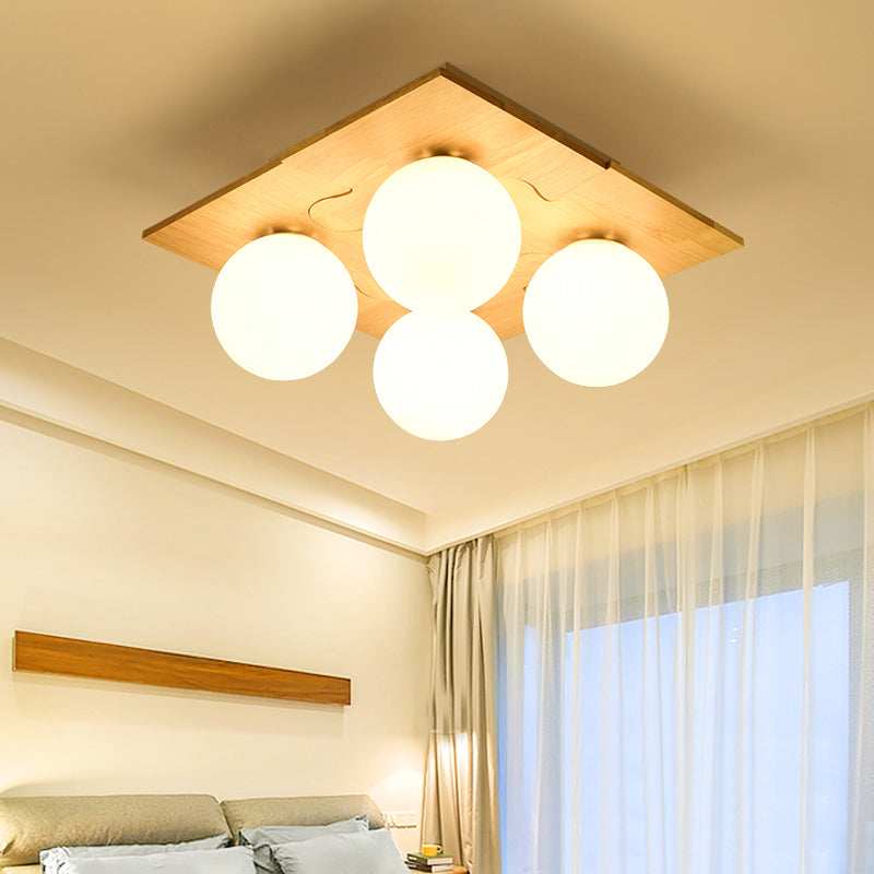 Japanese Style Round Flush Mount Ceiling Light Fixture with White Glass and Wooden Accent - 4 Bulb Bedroom Lighting