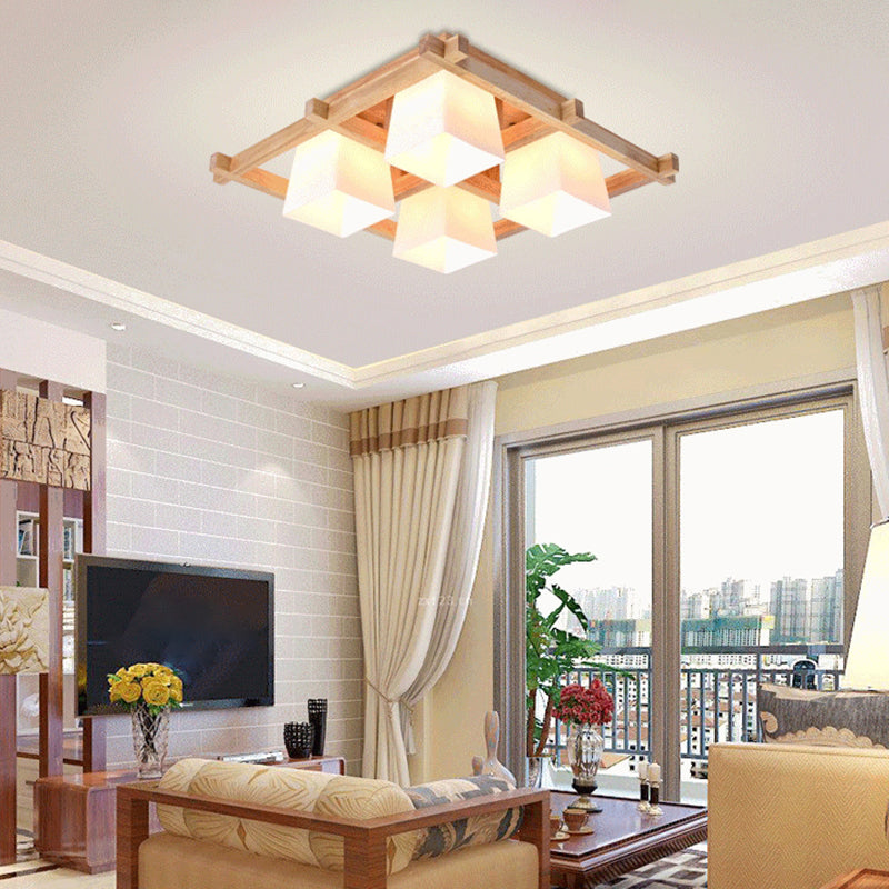 Nordic Trapezoid Flush Mount Opal Glass Living Room Fixture in Wood