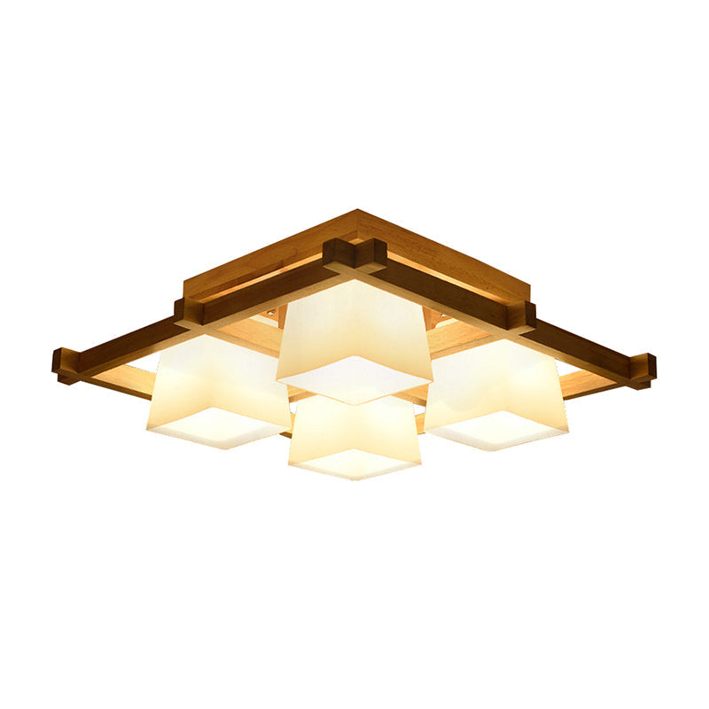 Nordic Trapezoid Flush Mount Opal Glass Living Room Fixture in Wood