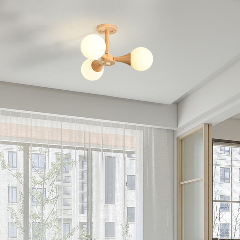 White Glass Flush Mount Chandelier with Nordic Style Ball, Wood Canopy - Perfect for Bedrooms